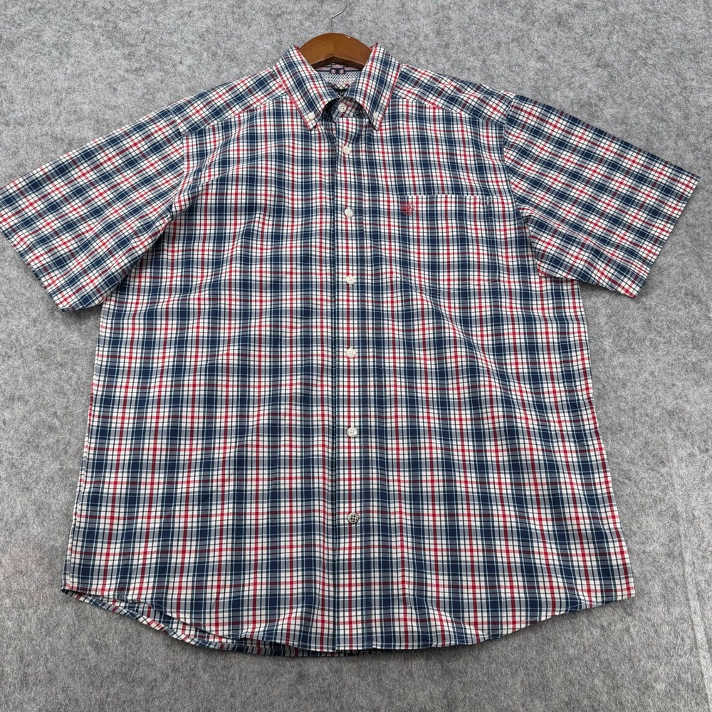 Ariat Pro Series Mens Medium Red Navy Blue Plaid Short Sleeve Button Down Shirt